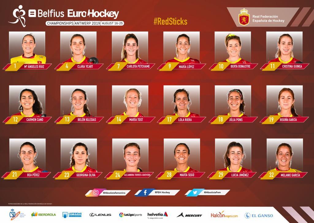 Las 18 Red Sticks convocadas para el Europeo de Amberes 2019 de hockey hierba femenino.