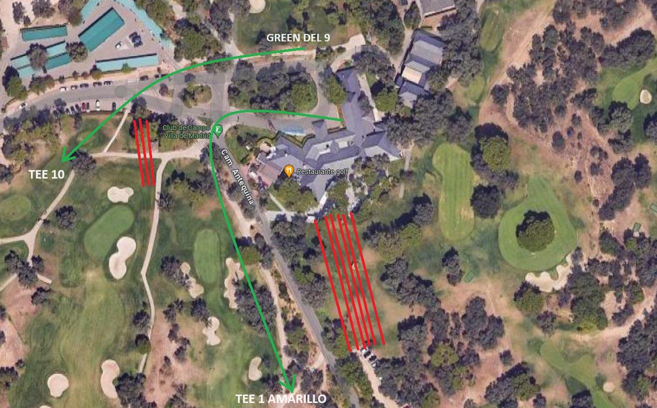 Plano de accesos al tee 1 del Recorrido Amarillo y tee 10 del Recorrido Negro.
